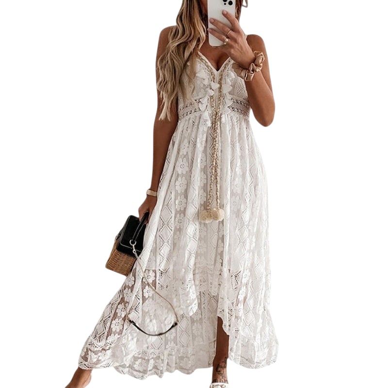Harlow - Boho Chic Dress with Romantic Embroidery and Playful Pompoms