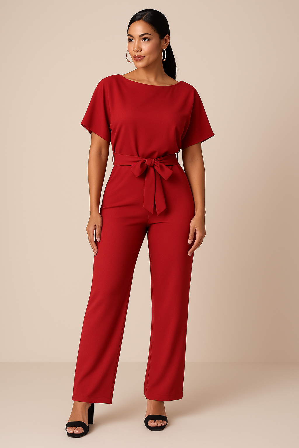 Kaelyn - Elegant Black Jumpsuit With Self Tie Belt Waist