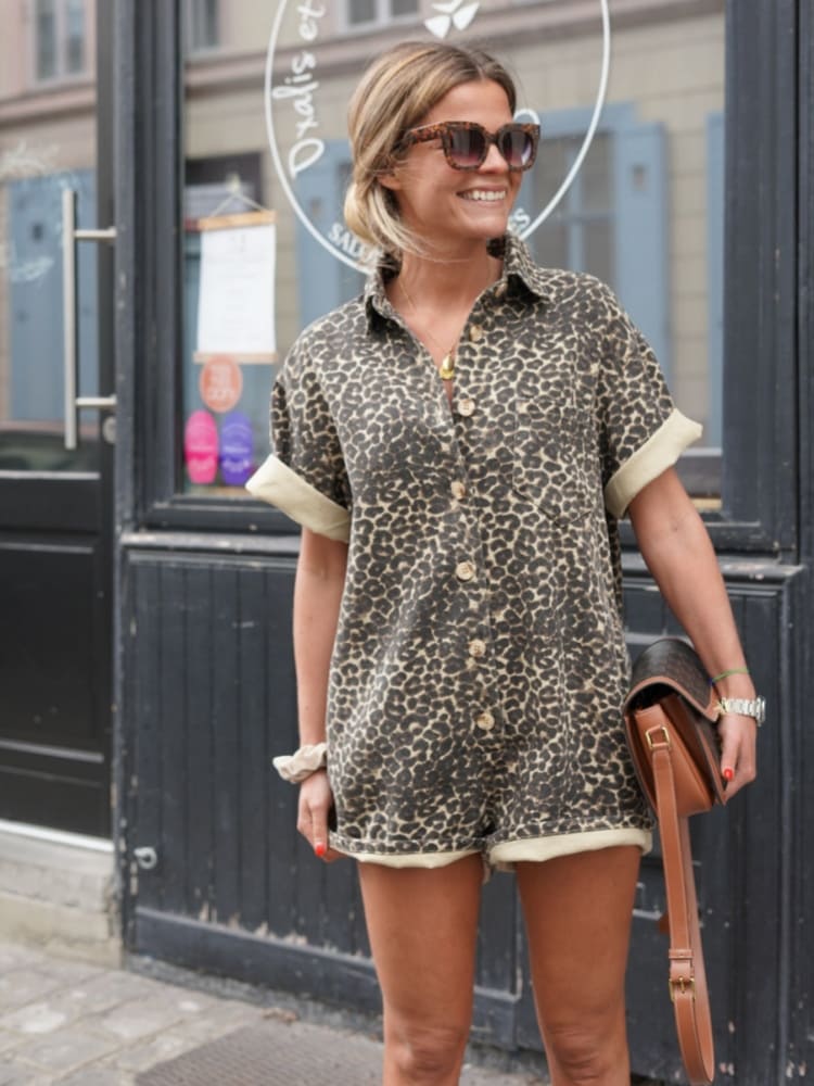 Elisa - Leopard Print Summer Romper With Rolled Sleeves