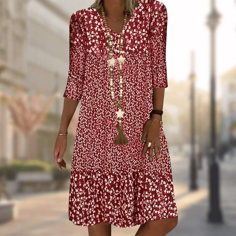 Abigail - Stylish Floral Print Dress with V-neck and 3/4 Sleeves