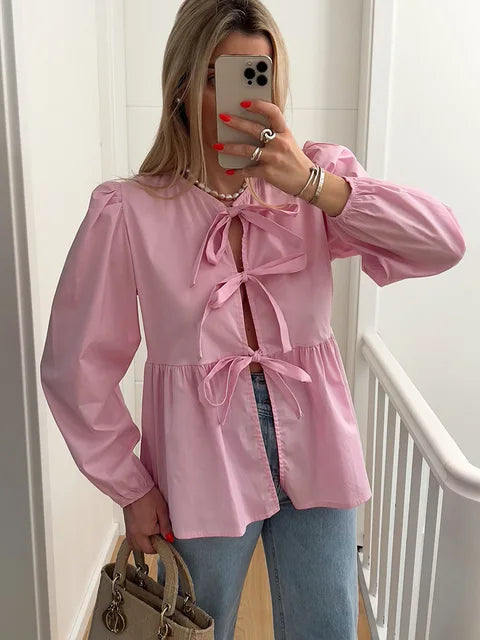 Ariadne- Stylish Women's Blouse with Puff Sleeves and Bow Detail