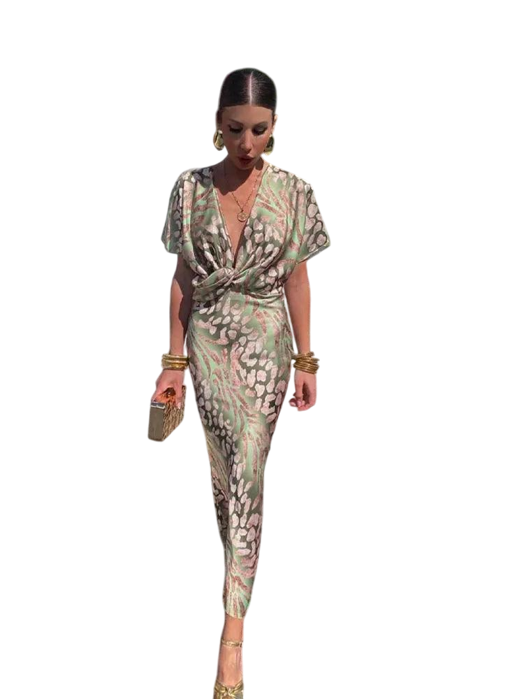 Arden- Elegant Satin Floral Midi Dress with V-Neck and Pleated Short Sleeves