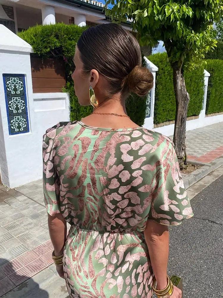 Arden- Elegant Satin Floral Midi Dress with V-Neck and Pleated Short Sleeves