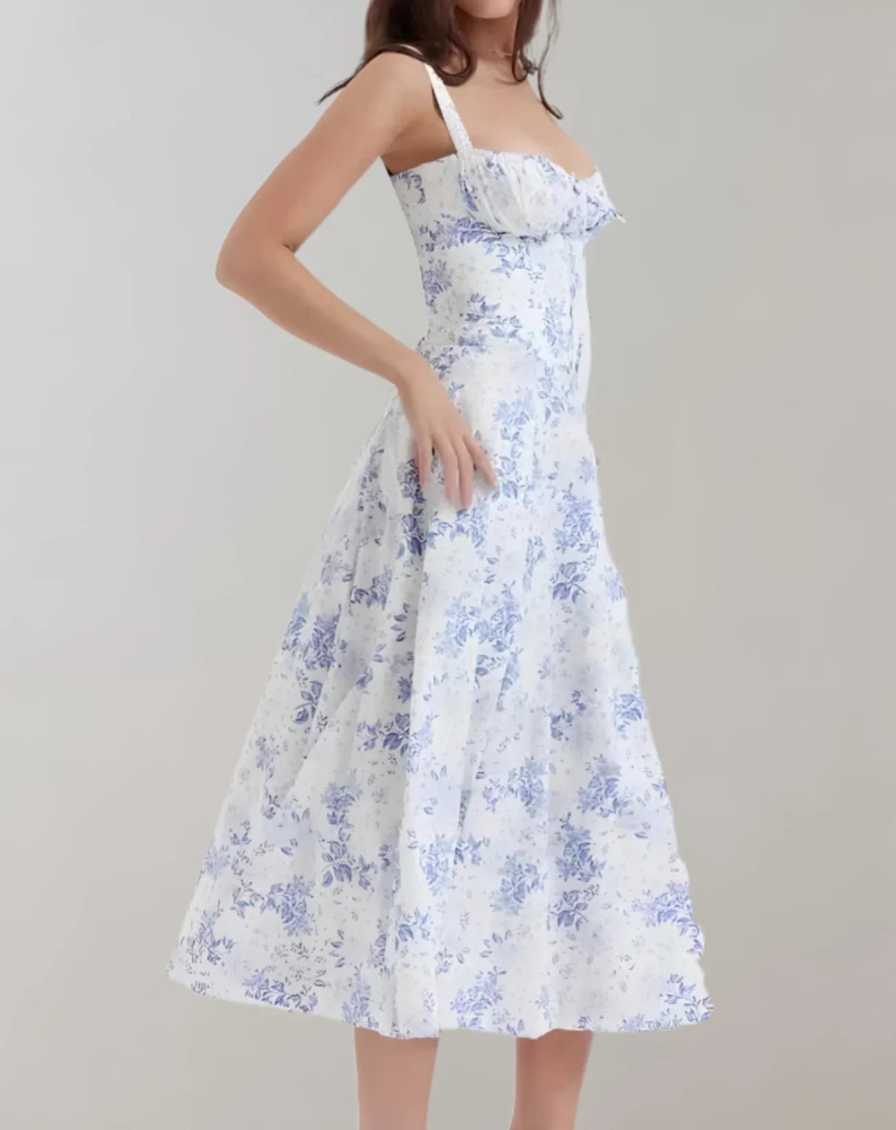 Celeste - Elegant Sleeveless Cotton Dress with Corset Bodice and Flowing Skirt