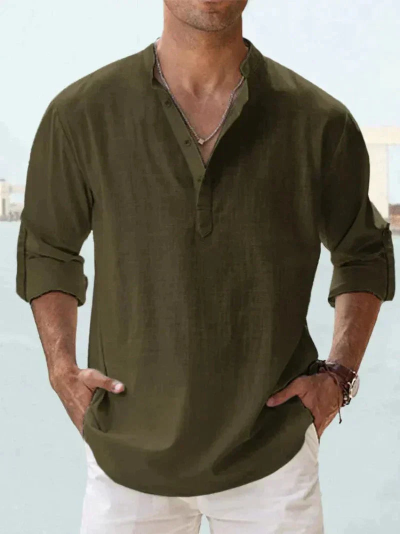 Terrence - Mens Open Collar Summer Shirt Linen Blend Casual