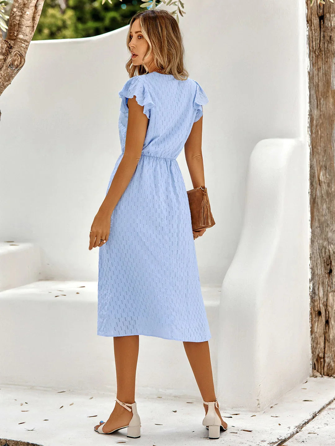 Katherine - Elegant Cotton Midi Dress with Fluttering Sleeves