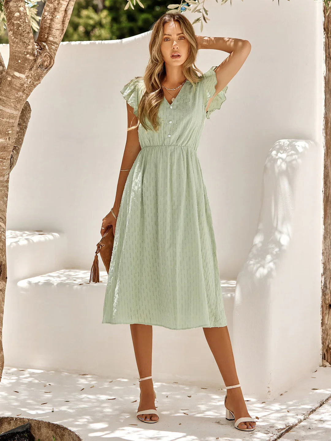 Katherine - Elegant Cotton Midi Dress with Fluttering Sleeves