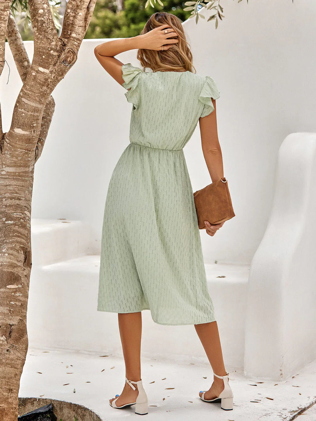 Katherine - Elegant Cotton Midi Dress with Fluttering Sleeves