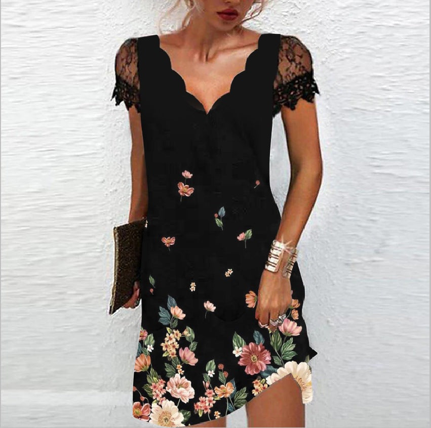 Zendaya - Elegant V-Neck Midi Dress with Wave Pattern and Lace Sleeves