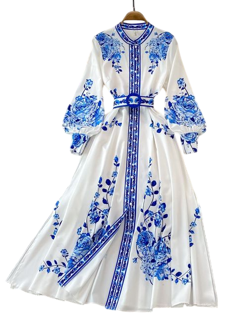 Aggie - Vintage Floral Print Long Lantern Sleeve Dress