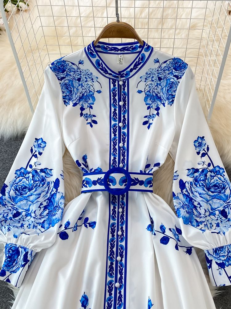 Aggie - Vintage Floral Print Long Lantern Sleeve Dress