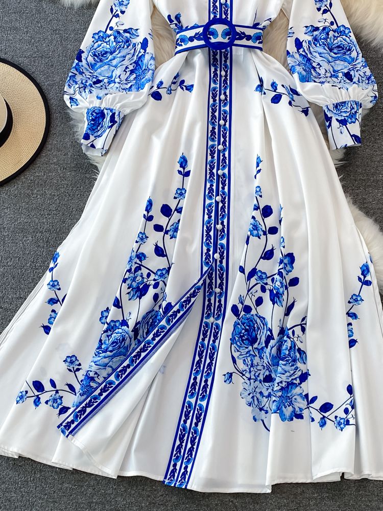 Aggie - Vintage Floral Print Long Lantern Sleeve Dress