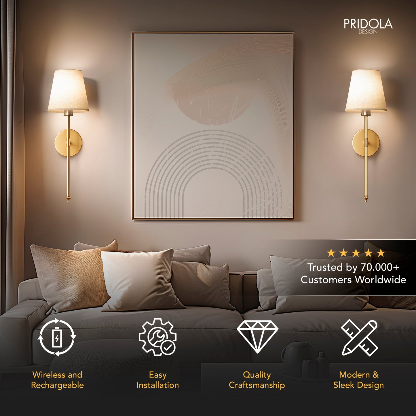 Cali - Wireless Wall Sconces Set of 2 with Rechargeable Battery and Easy Installation