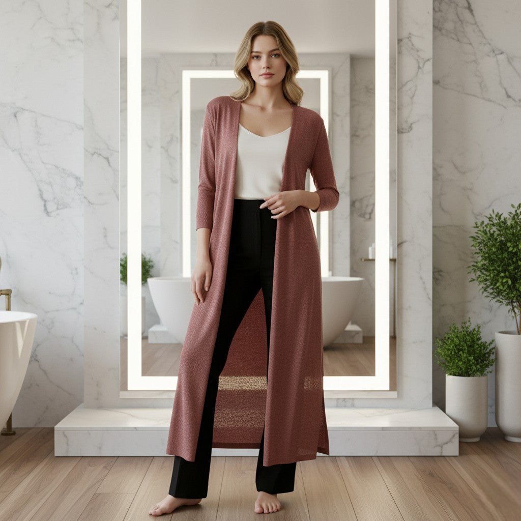 Adalina - Lightweight Women's Long Cardigan with Open Front and 3/4 Sleeves