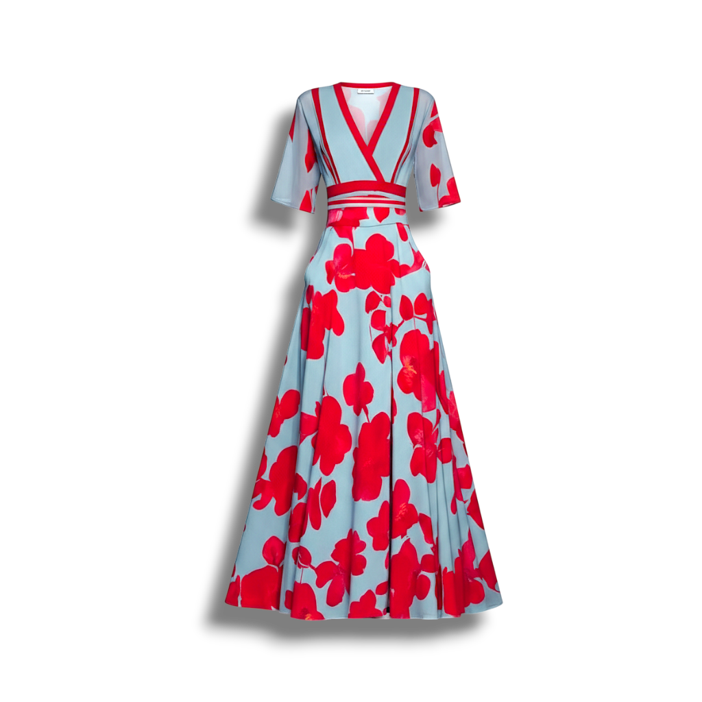 Fleur- Stunning Women's Long Dress with Deep V Neck and Flowing Skirt