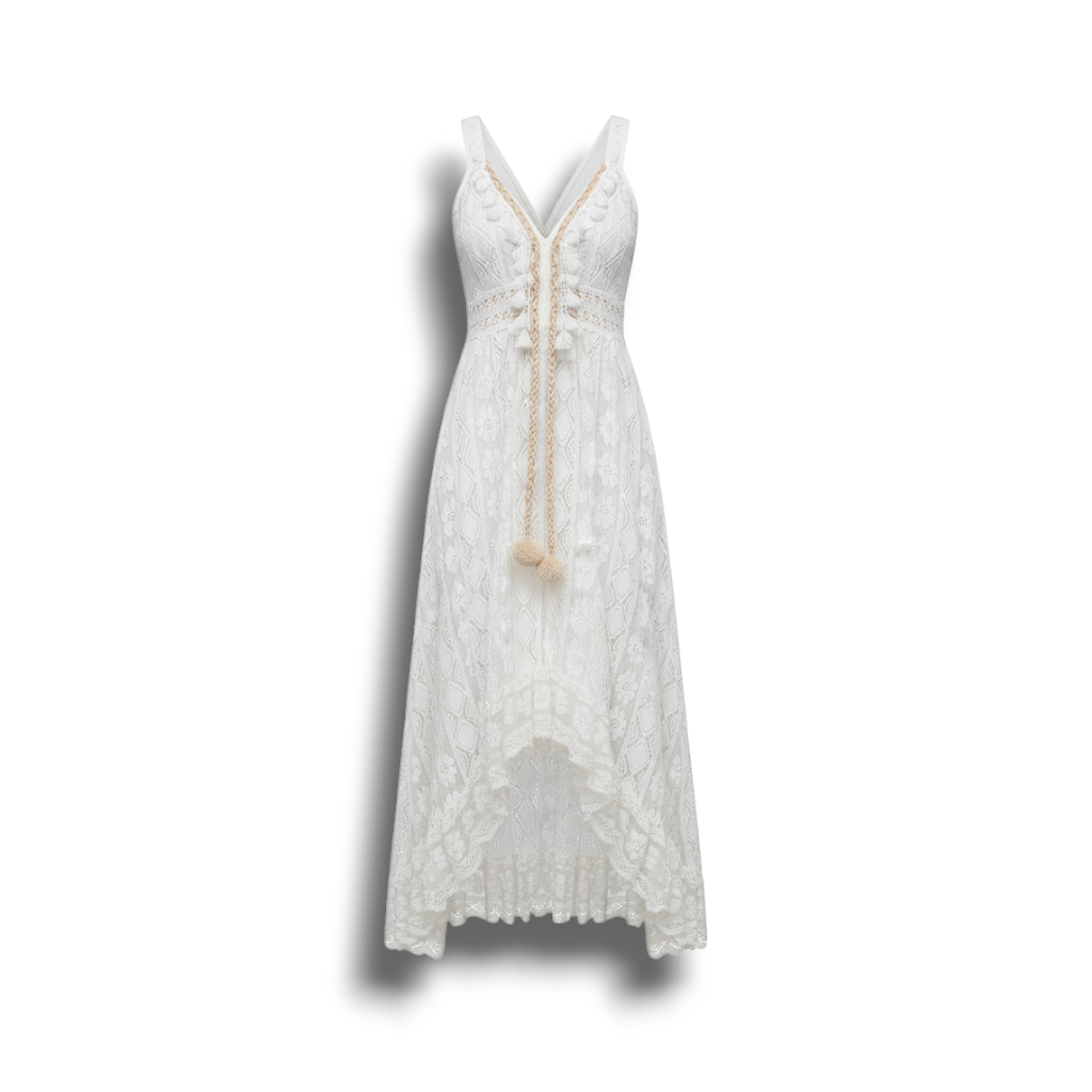 Harlow - Boho Chic Dress with Romantic Embroidery and Playful Pompoms
