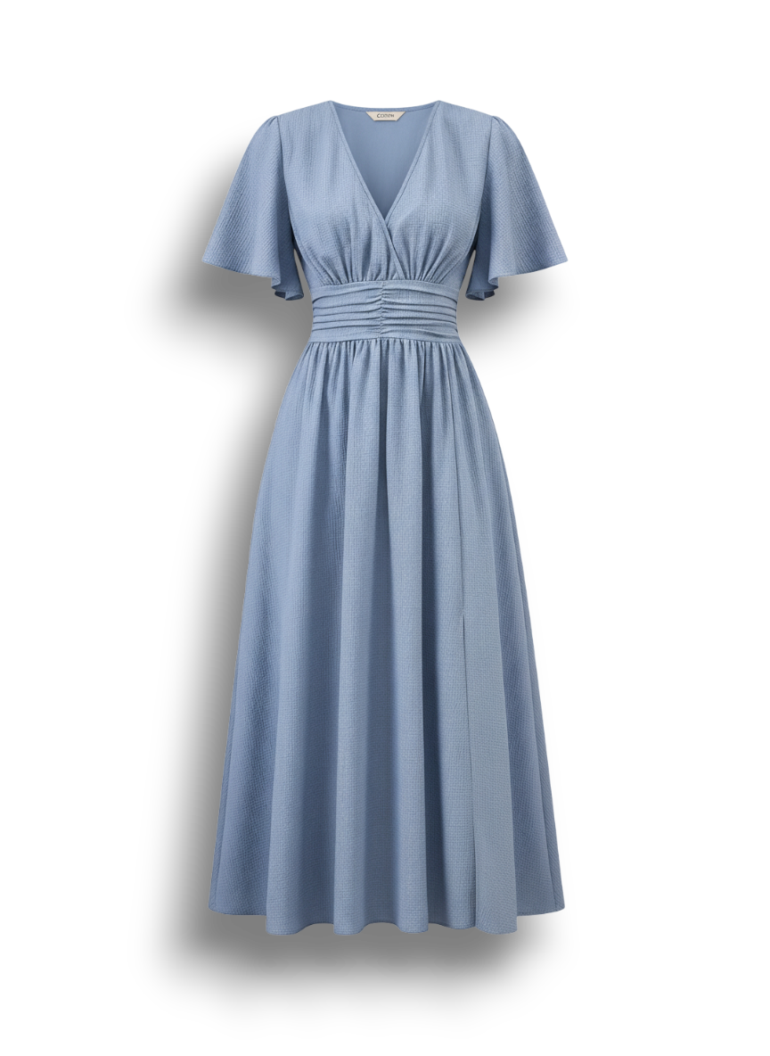 Vespera - Elegant Long Dress for Women with V-neck and Short Sleeves