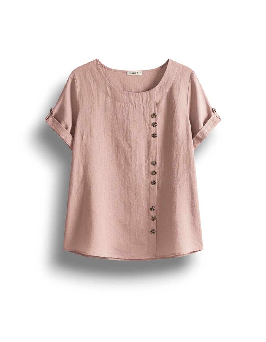 Adriana - Plain Short-Sleeved Blouse with Round Neck and Button Detail