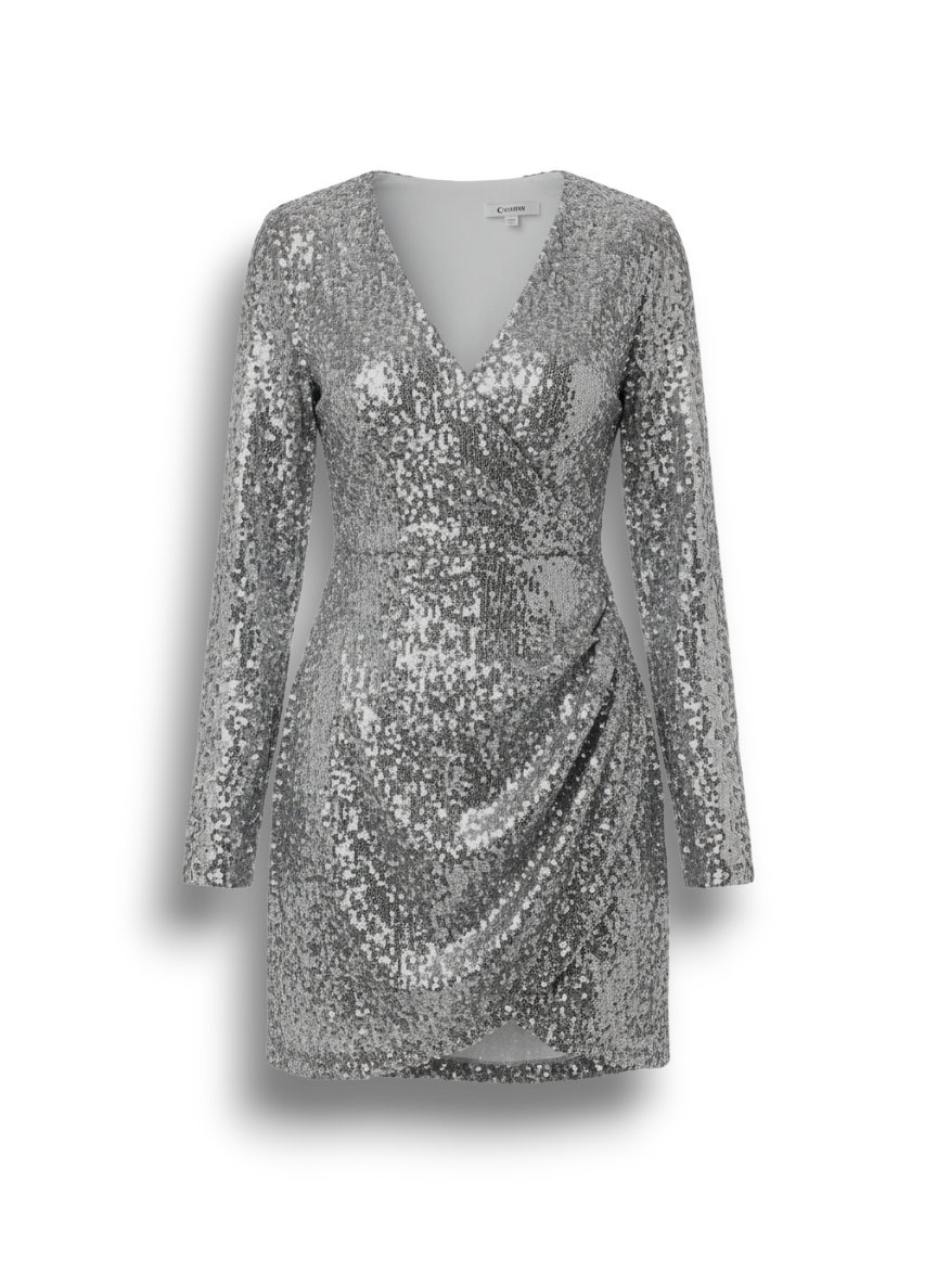 Martha - Stylish Silver Mini Dress with Long Sleeves and V-neck