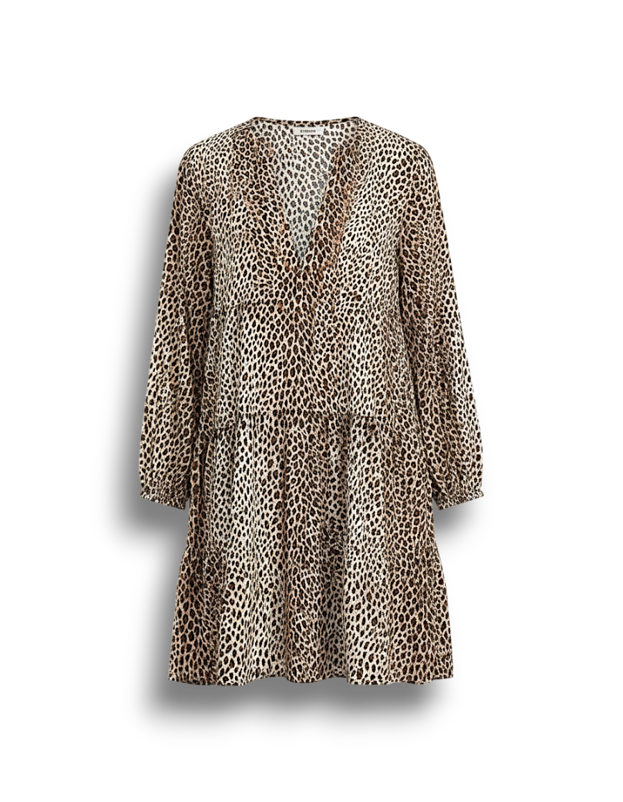 Safira - Elegant Women's Leopard Dress with V-neck and Puff Sleeves