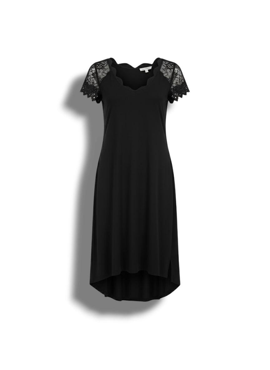 Zendaya - Elegant V-Neck Midi Dress with Wave Pattern and Lace Sleeves