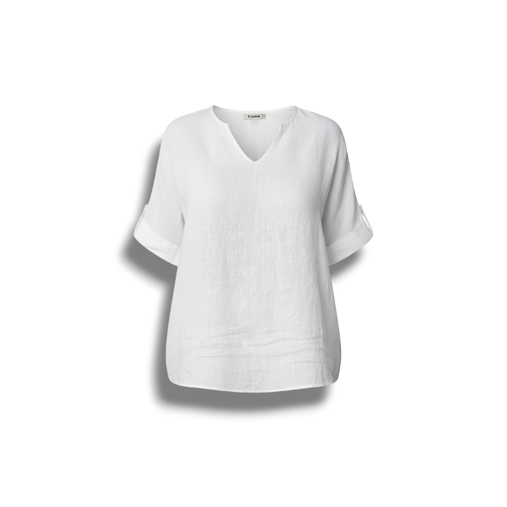 Rahima - Elegant Women's White V-Neck Linen Blouse with Semi-Sheer Quality
