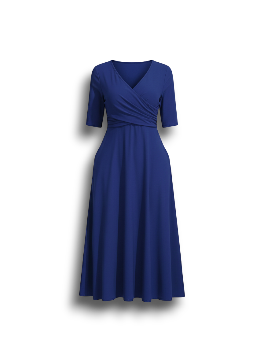 Monica - Elegant Crossover Midi Dress with A-line Silhouette and V-neck