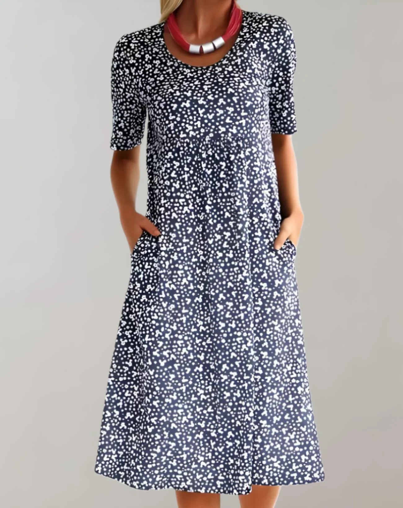 Rita - Stylish Printed Midi Dress with Short Sleeves and Pockets