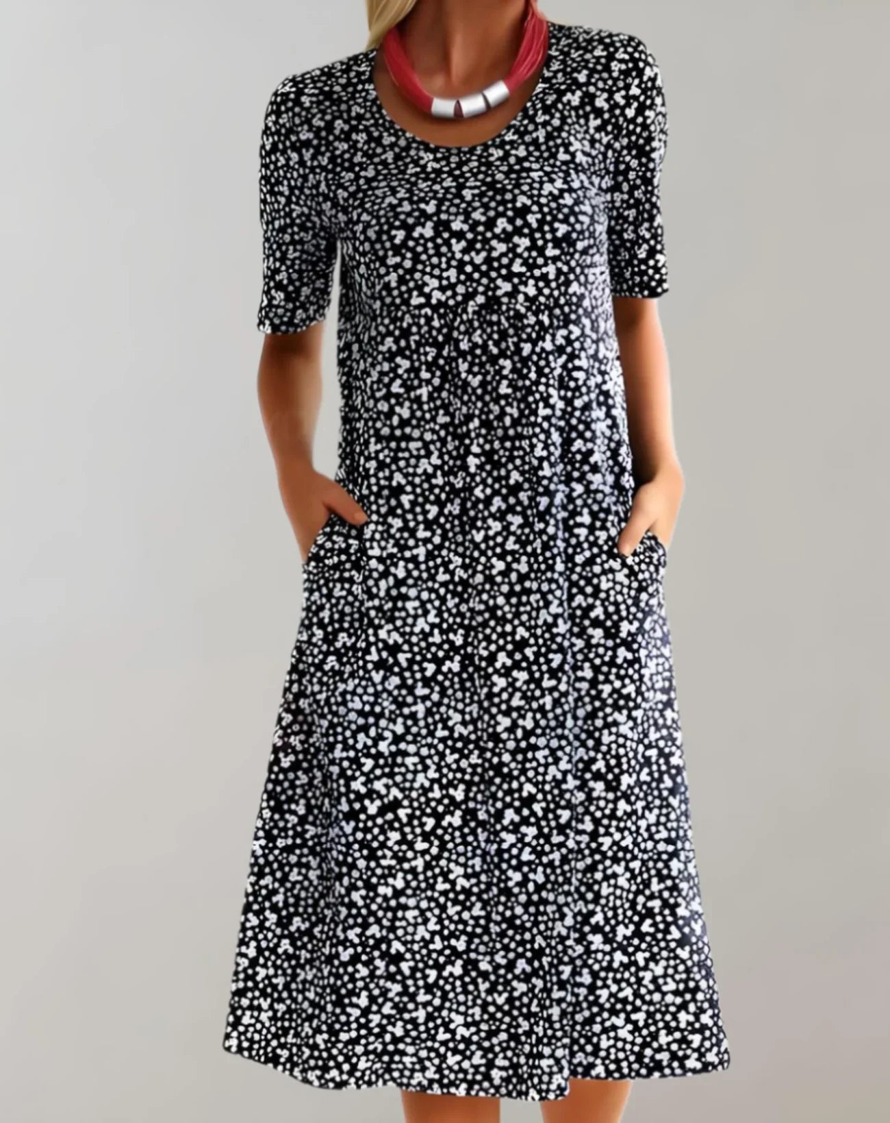 Rita - Stylish Printed Midi Dress with Short Sleeves and Pockets