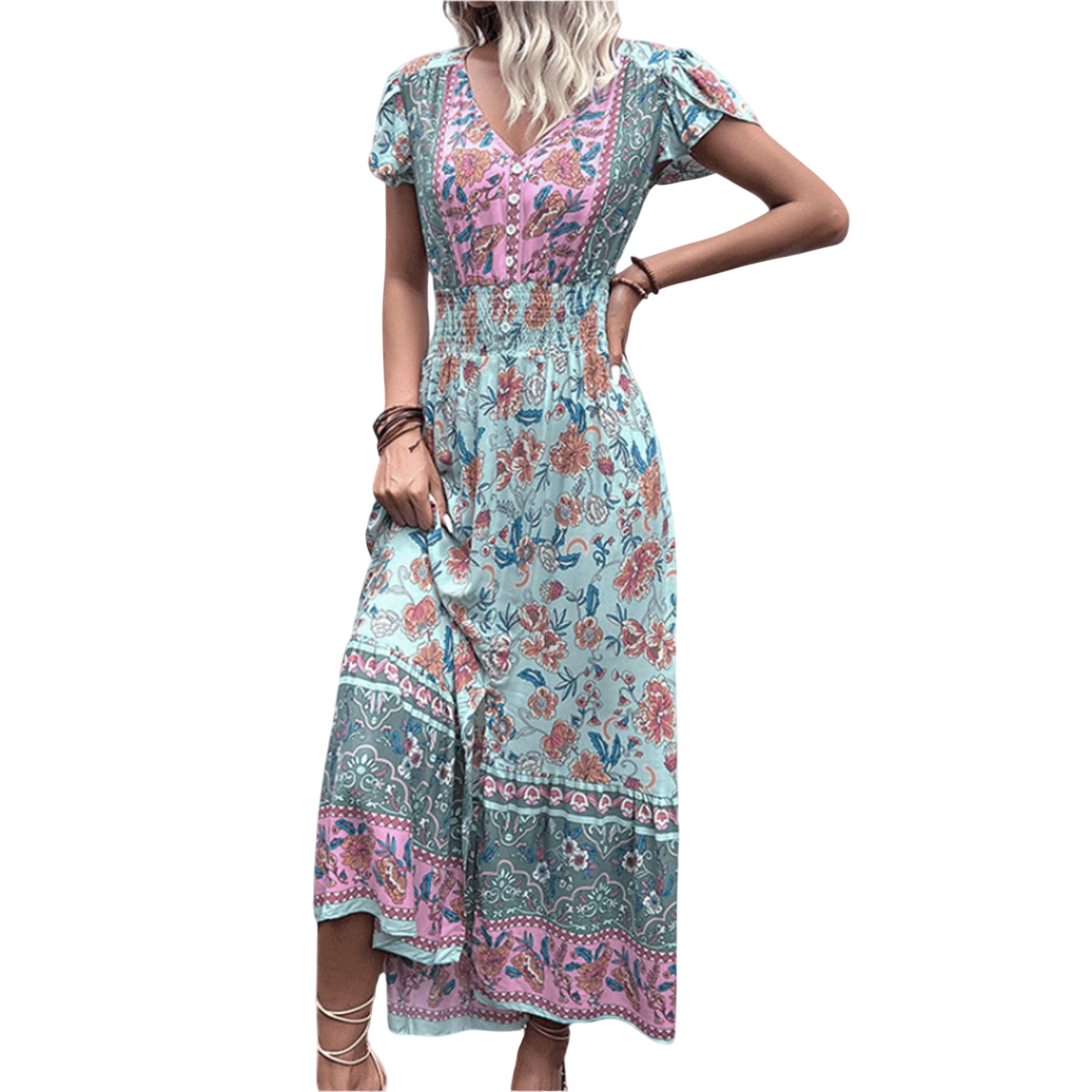 Elara - Flowing Boho Chic Women's Maxi Dress with V-neck Design