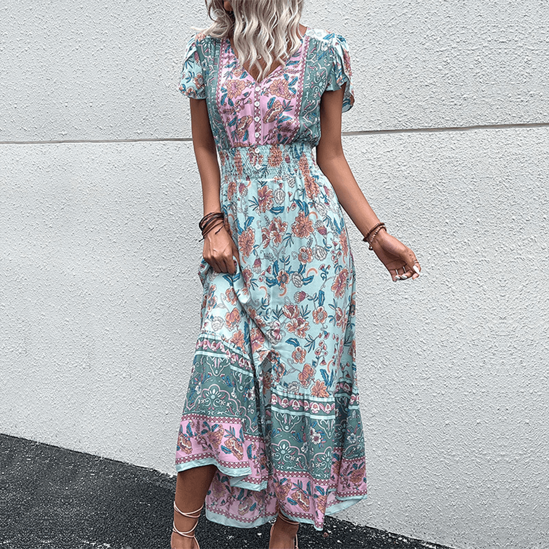 Elara - Flowing Boho Chic Women's Maxi Dress with V-neck Design