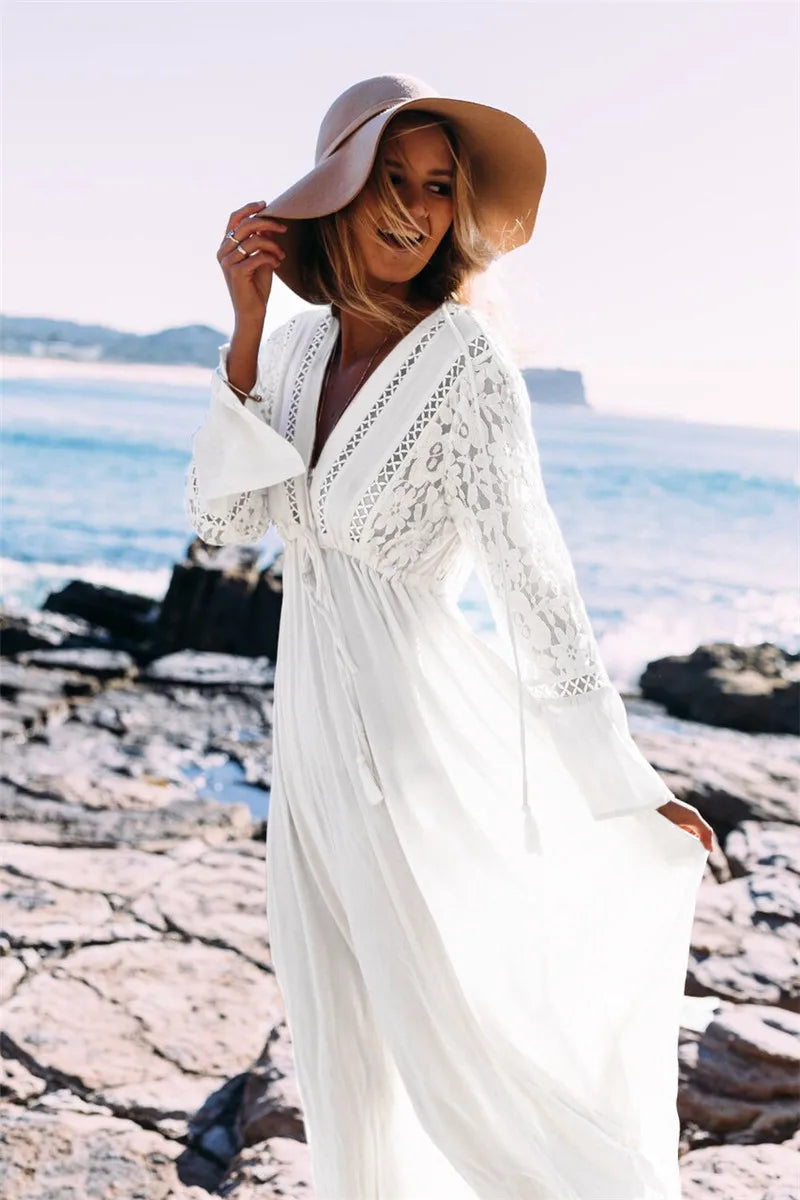 Kaia - Chic Women's Boho Long Dress with Deep V-neck