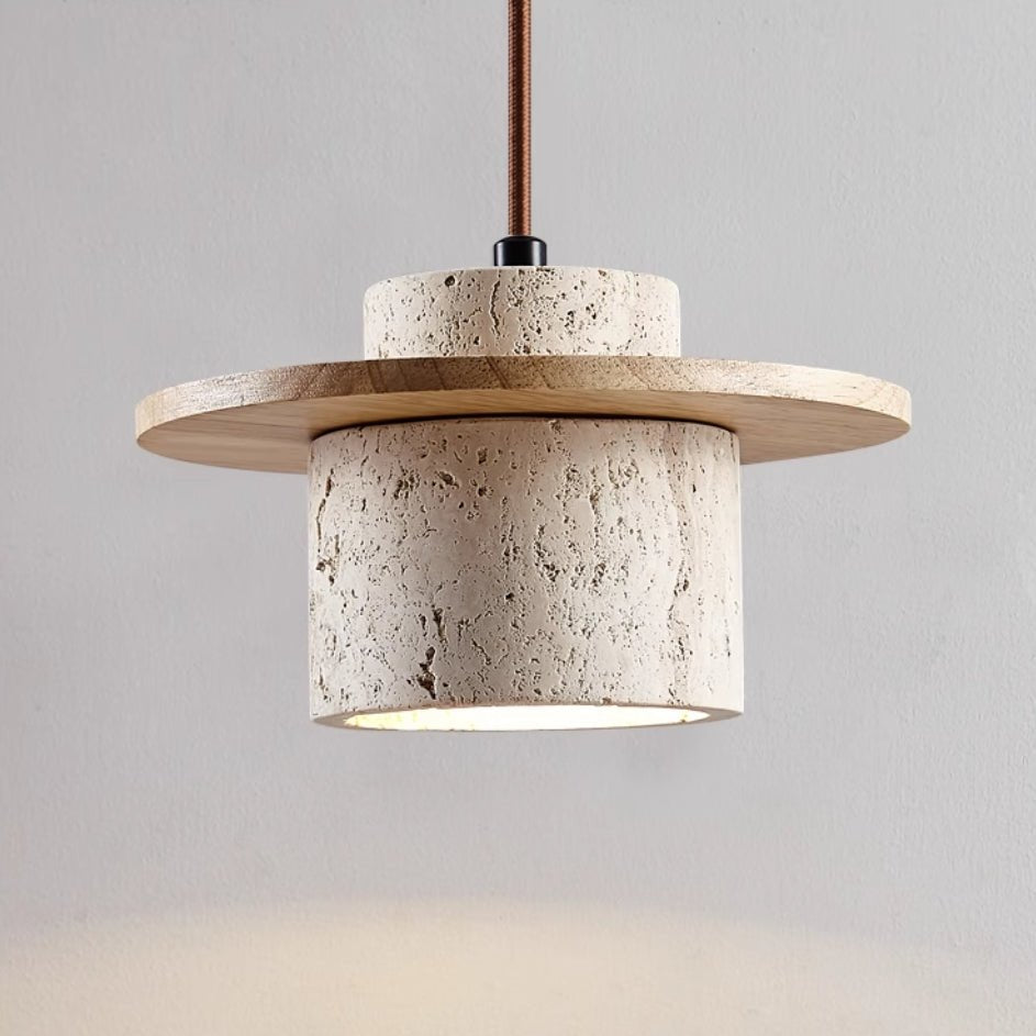 Elvora - Travertine Pendant Lamp Natural Stone With Wood Ring Design