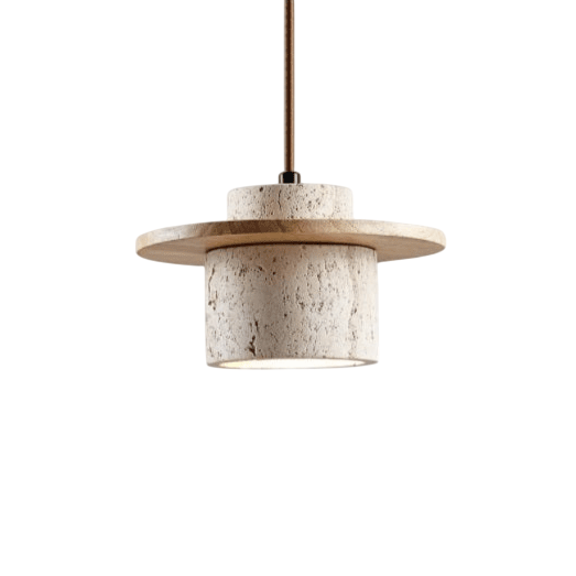 Elvora - Travertine Pendant Lamp Natural Stone With Wood Ring Design