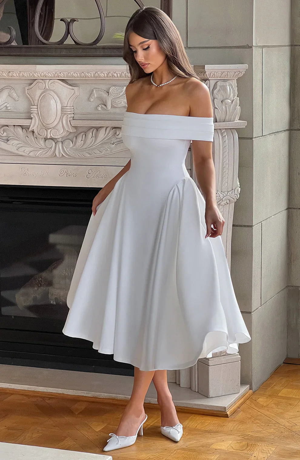 Celia - Elegant Off-the-Shoulder Midi Dress for Special Occasions