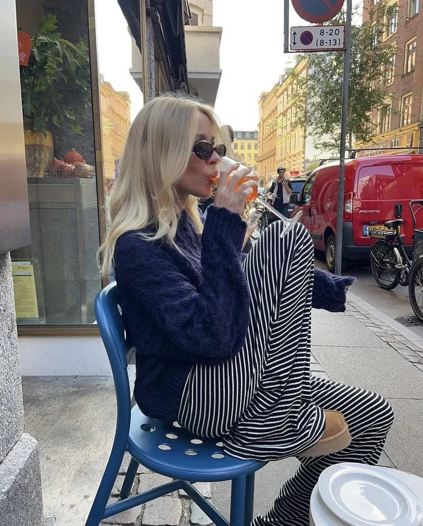 Orlaith - Relaxed Striped Cotton Trousers with Elastic Waistband
