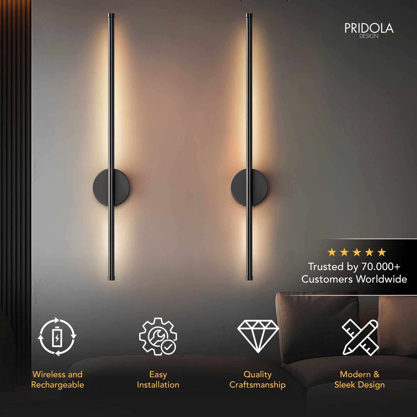 Bernadette - Wireless modern wall lights set with sleek rechargeable design