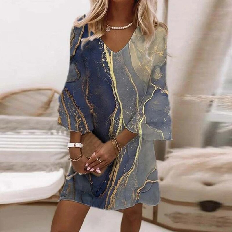Ilaria - Lightweight Elegant Women's Mini Dress with V-Neck and Flared Sleeves