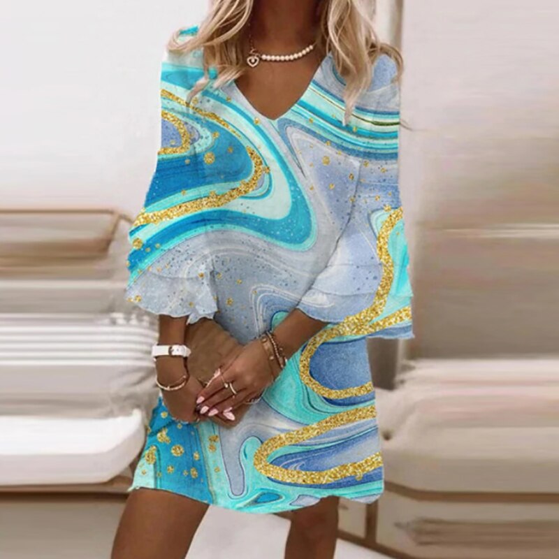 Ilaria - Lightweight Elegant Women's Mini Dress with V-Neck and Flared Sleeves