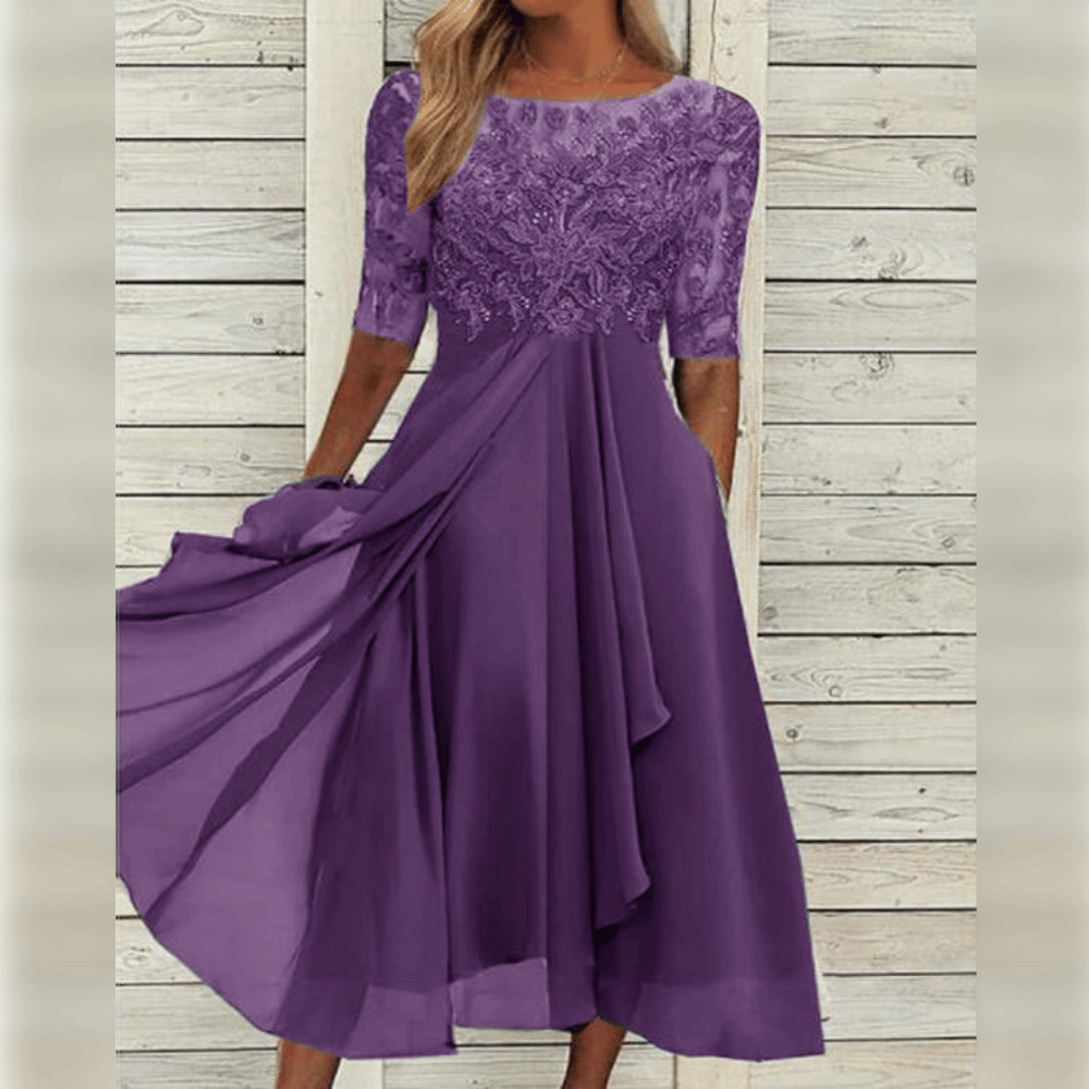 Nessie - Elegant Midi-Length Wedding Guest Dress with Embroidered Bodice