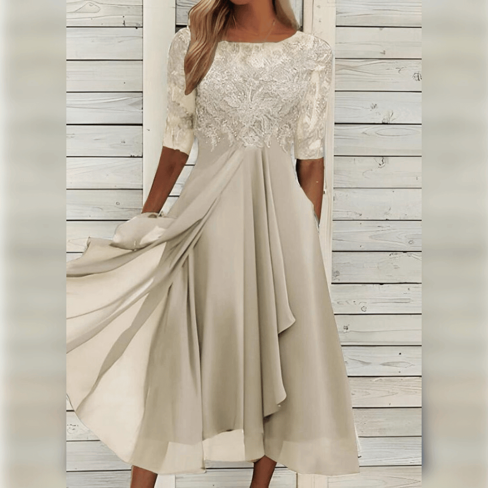 Nessie - Elegant Midi-Length Wedding Guest Dress with Embroidered Bodice