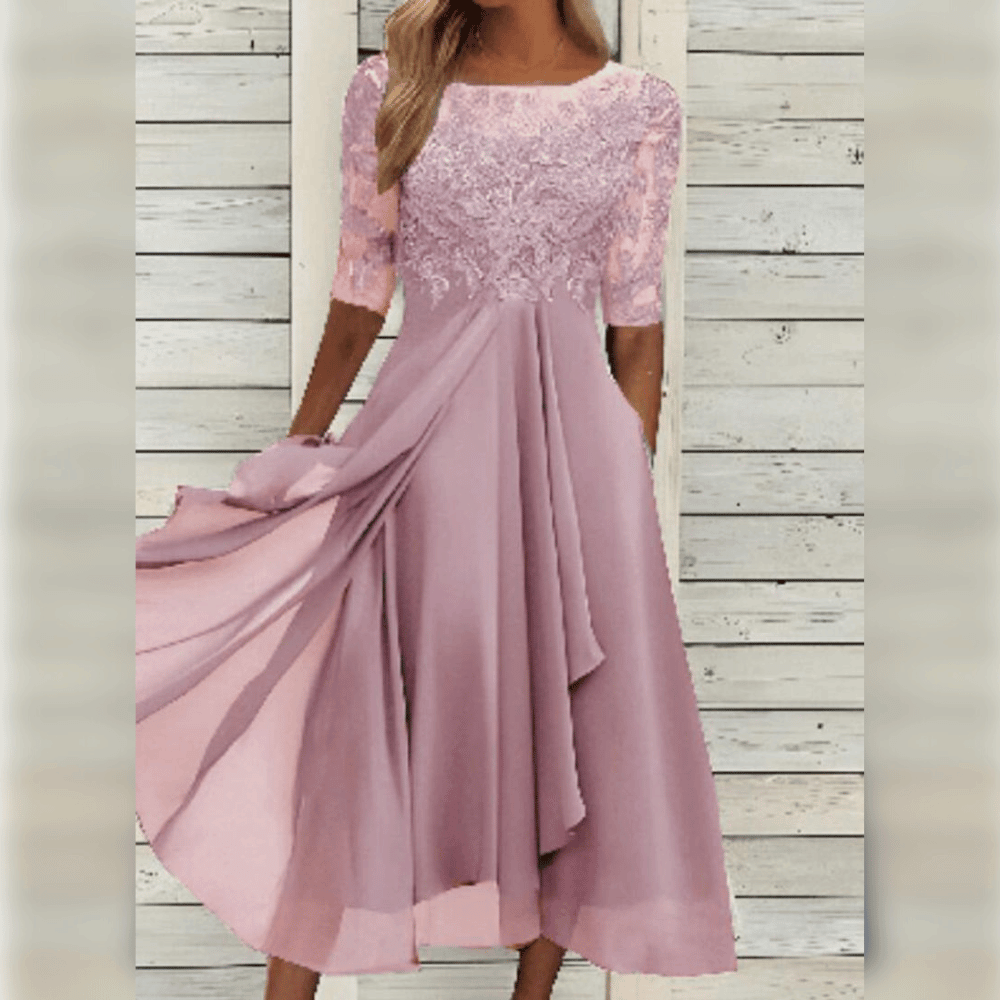 Nessie - Elegant Midi-Length Wedding Guest Dress with Embroidered Bodice