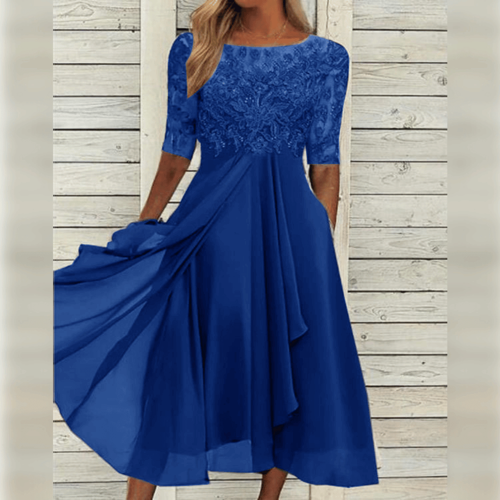 Nessie - Elegant Midi-Length Wedding Guest Dress with Embroidered Bodice