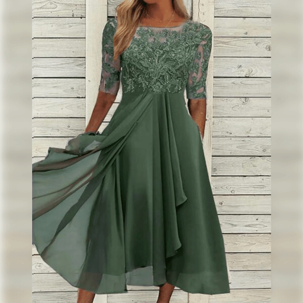 Nessie - Elegant Midi-Length Wedding Guest Dress with Embroidered Bodice
