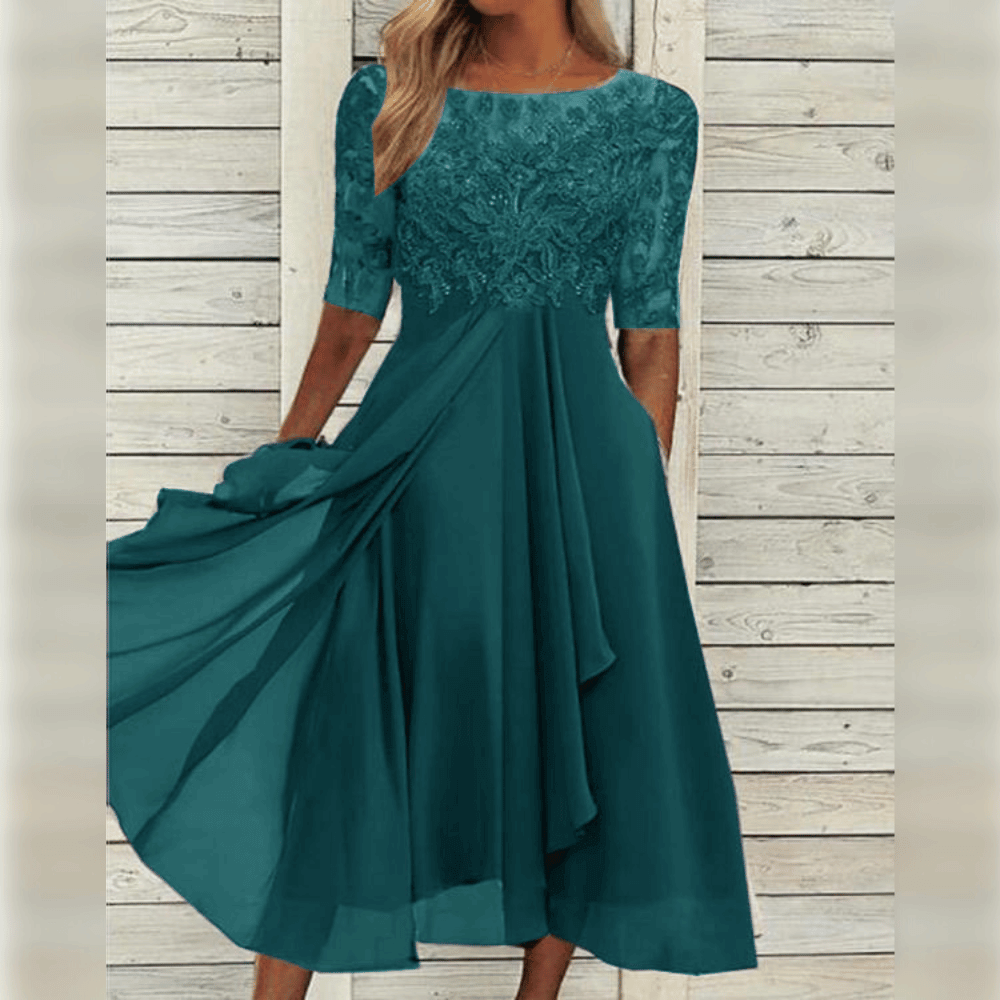 Nessie - Elegant Midi-Length Wedding Guest Dress with Embroidered Bodice