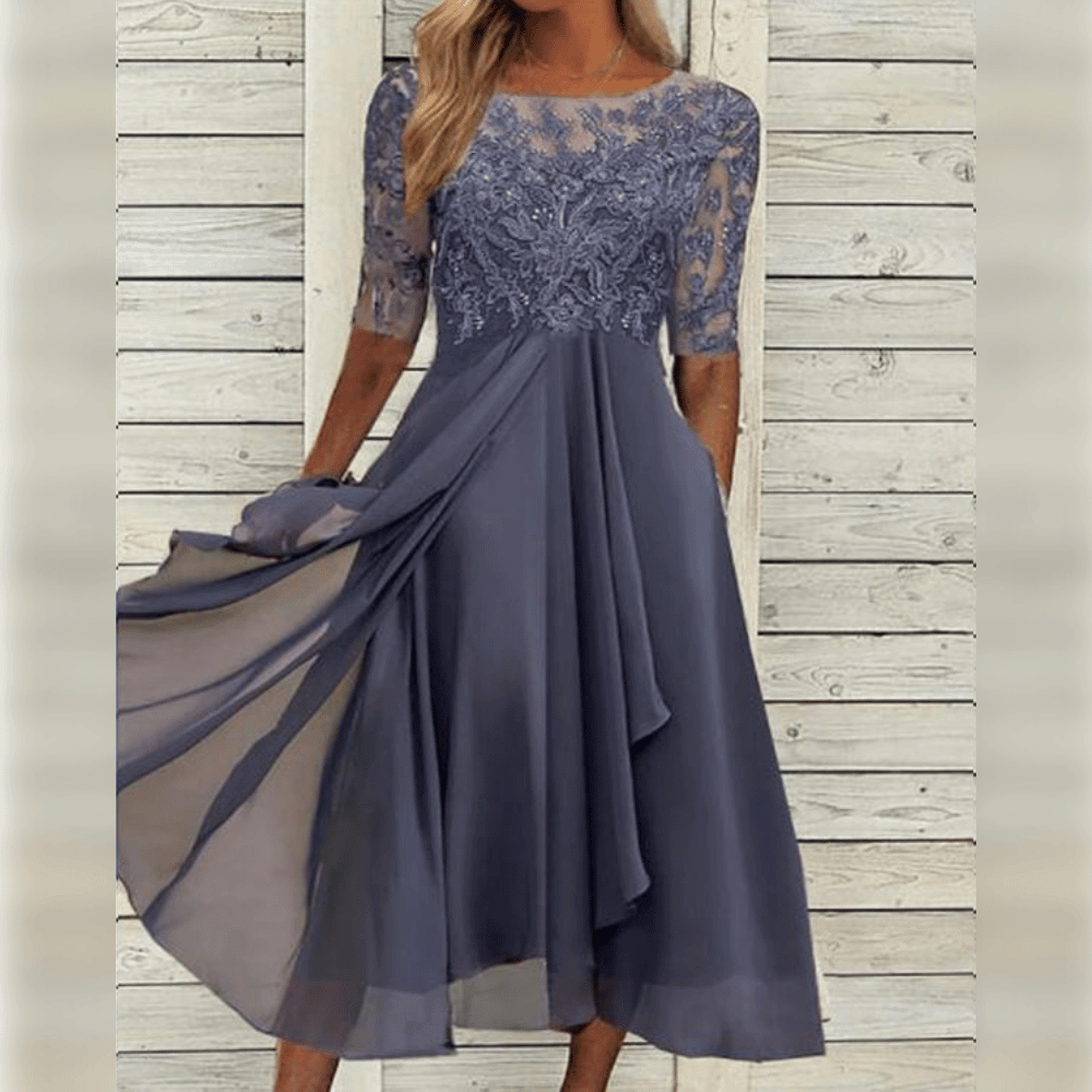 Nessie - Elegant Midi-Length Wedding Guest Dress with Embroidered Bodice