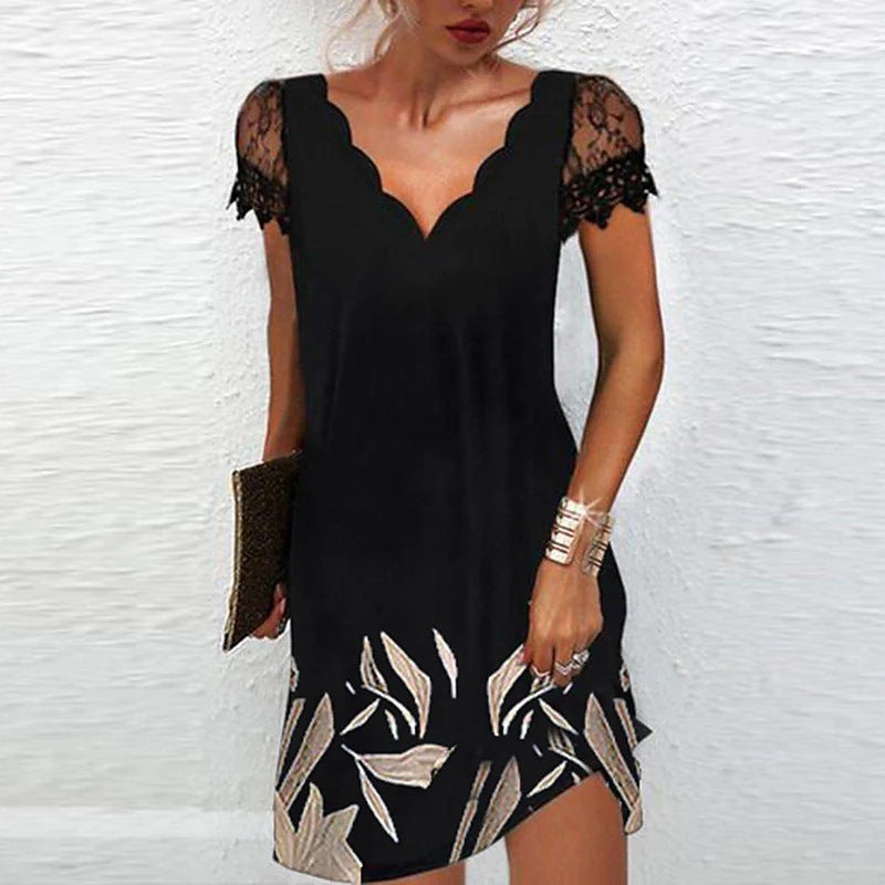 Zendaya - Elegant V-Neck Midi Dress with Wave Pattern and Lace Sleeves