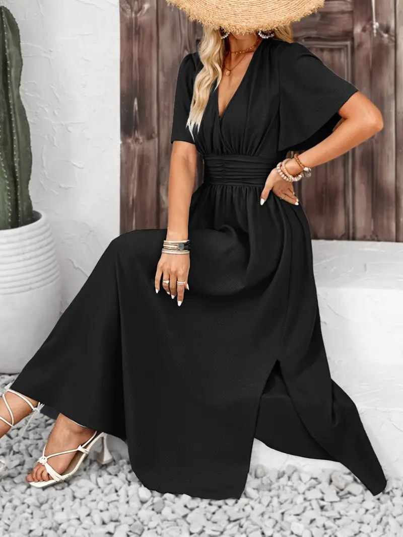 Vespera - Elegant Long Dress for Women with V-neck and Short Sleeves