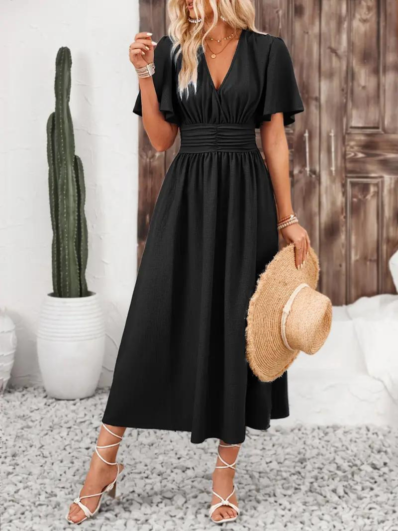 Vespera - Elegant Long Dress for Women with V-neck and Short Sleeves