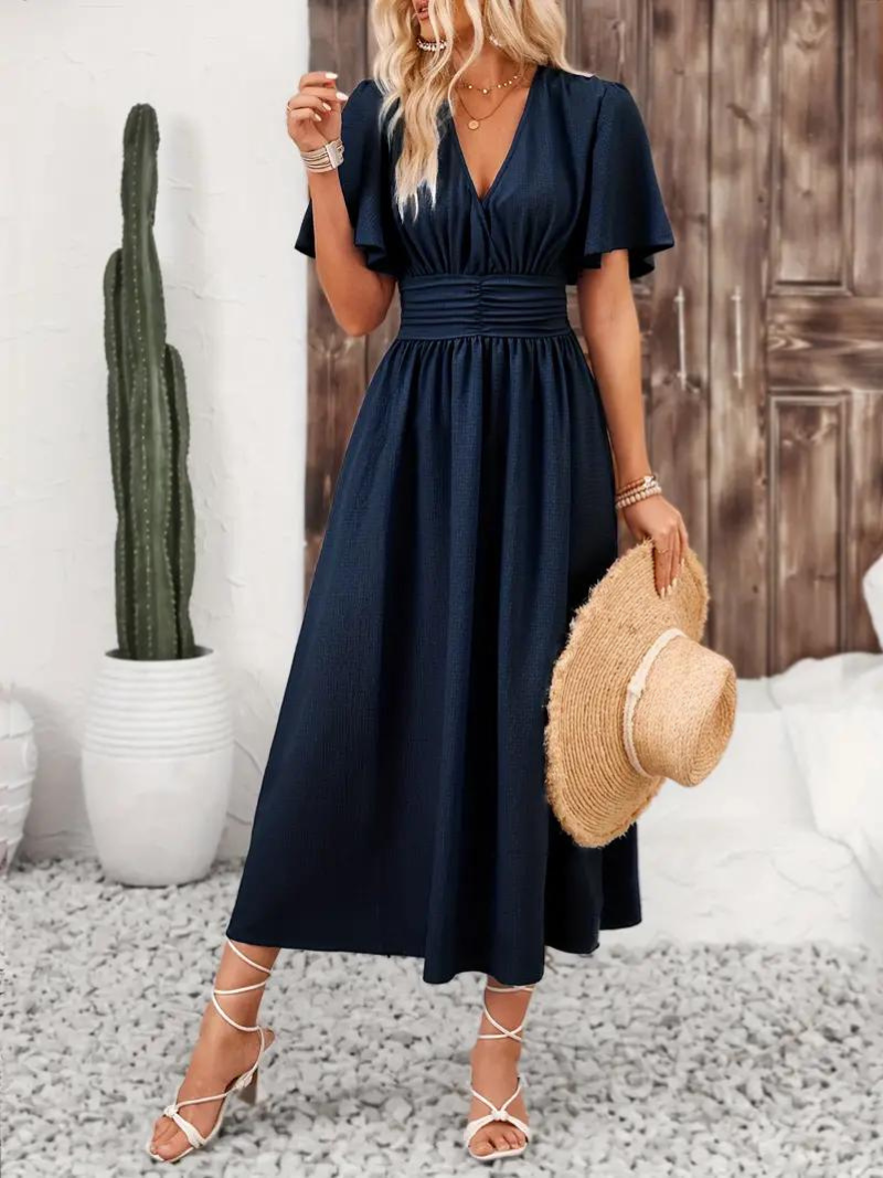 Vespera - Elegant Long Dress for Women with V-neck and Short Sleeves